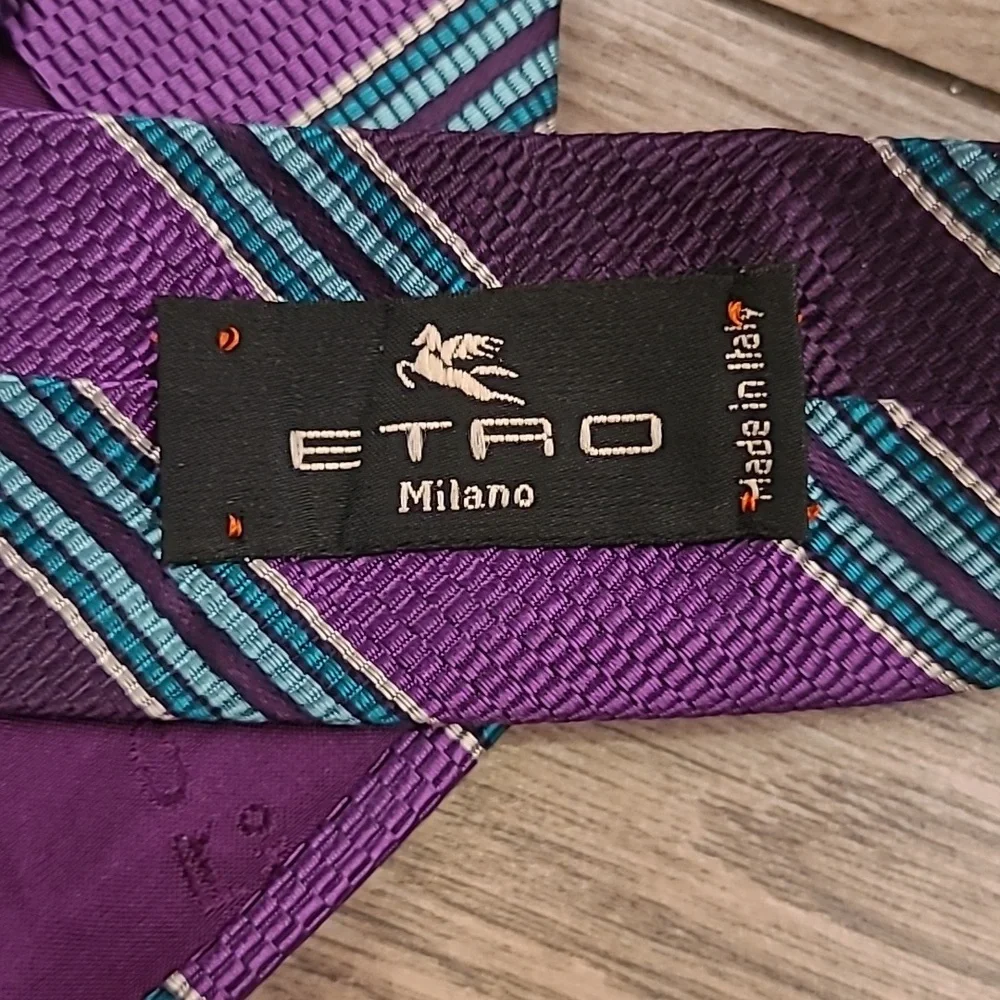 ETRO Italy Abstract‎ Purple Blue Striped Mens Silk Cotton Blend Mens Tie